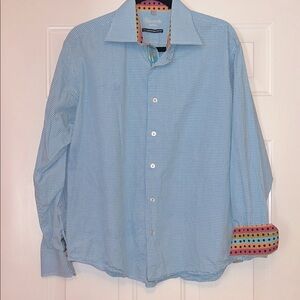 Visconti Women’s Checked Cotton Shirt L Blue/White Flip Cuffs/Collar Career